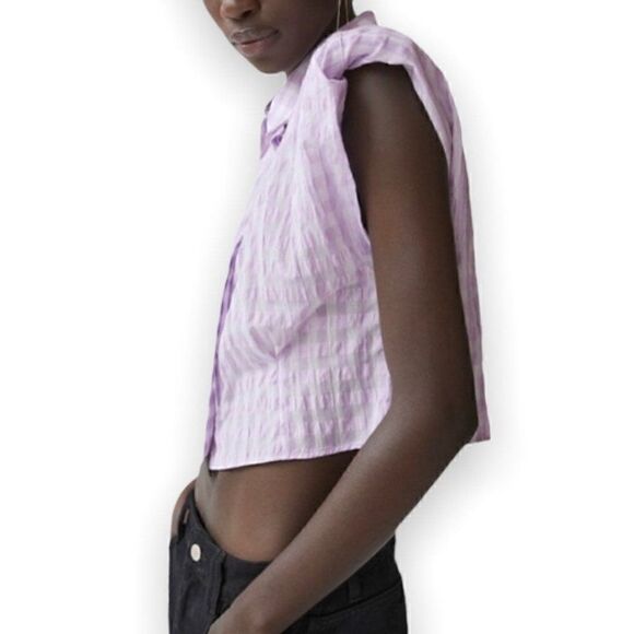 Zara Cropped Lilac Gingham Shoulder Padded Poplin Shirt - Picture 1 of 9